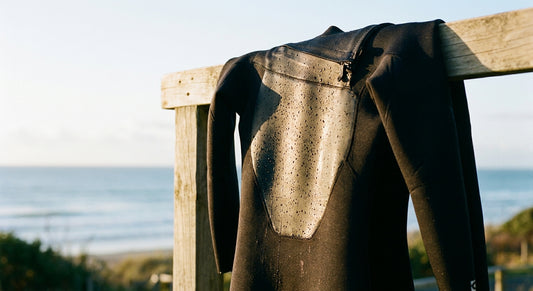 A black wetsuit hanging on a wooden rack outdoors, dripping with water in warm afternoon coastal light.