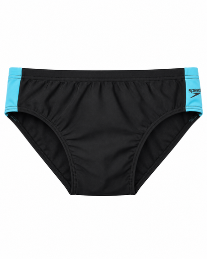SPEEDO BOYS BOOM LOGO SPLICE 7cm BRIEF - BLACK/BLUE, SIZE 10