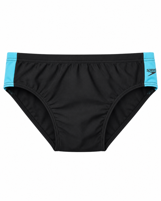 SPEEDO BOYS BOOM LOGO SPLICE 7cm BRIEF - BLACK/BLUE, SIZE 10