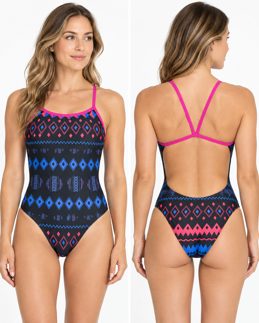 MOJO WOMENS LOVE DIAMONDS SUN BACK ONE PIECE SWIMSUIT