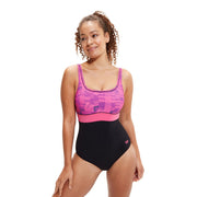 WOMENS SHAPING CONTOURECLIPSE PRINTED ONE PIECE BLACK BLOOMINOUS PINK CUPID CORAL