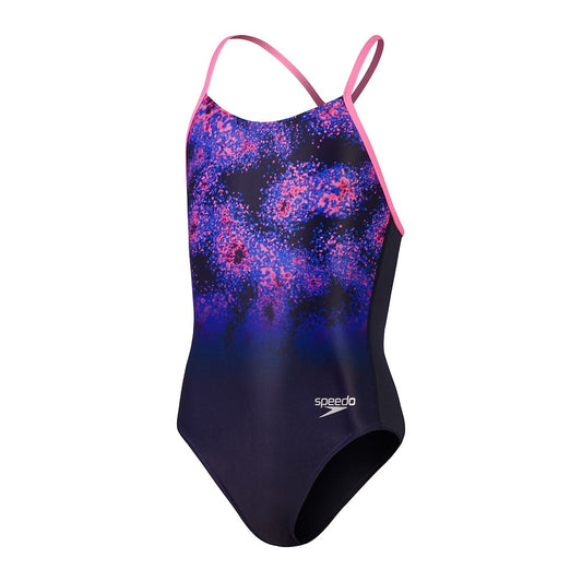 SPEEDO GIRLS LANE LINE BACK ALLOVER NAVY ELECTRIC PINK ONE PIECE SWIMSUIT